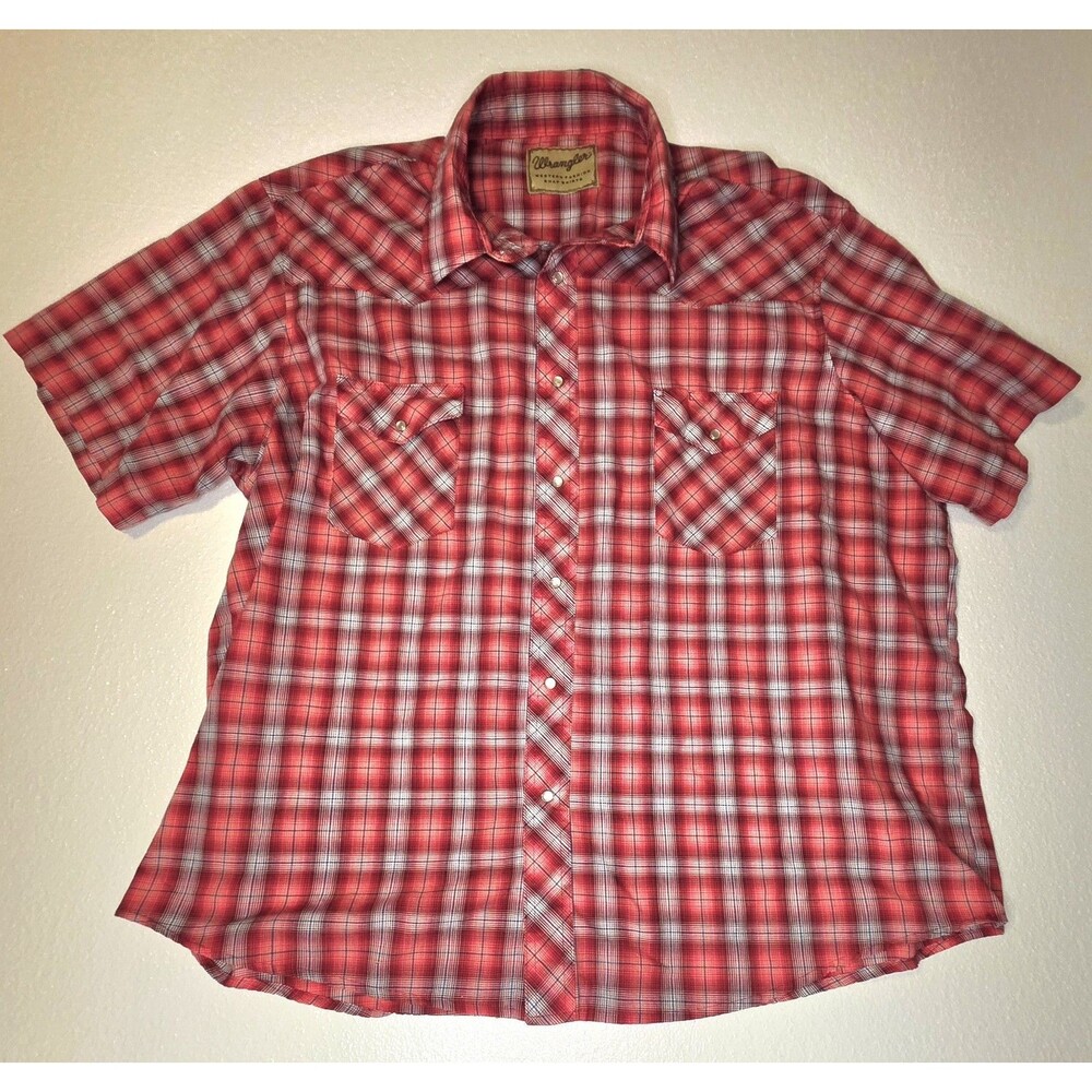 Wrangler Wrancher Mens XXL Western Shirt Red Short Sleeve Pearl Snap Cowboy